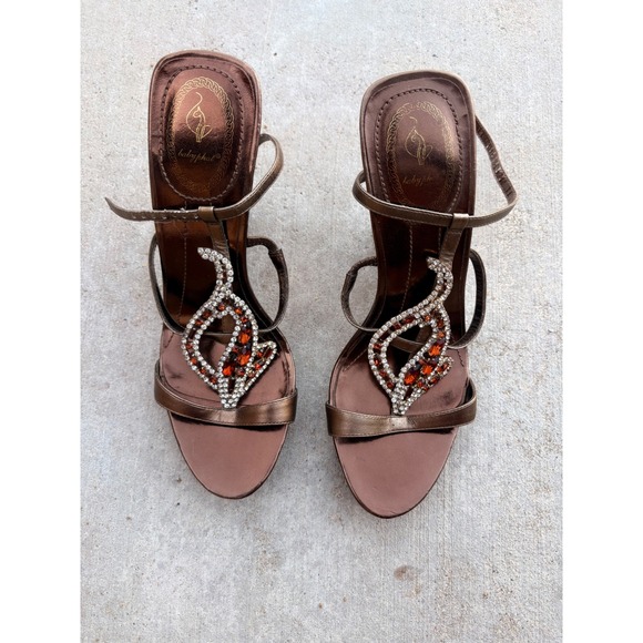 Baby Phat Shoes - Y2K Grail Baby Phat Metallic Bronze Rhinestone Cat Logo Wedge Sandals Heels 7